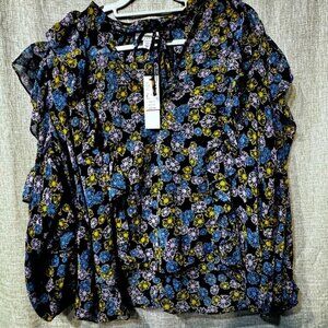 NWT TOPSHOP Womens Tie Keyhole Neck Ruffle Long Sleeve Floral Blouse Size 8